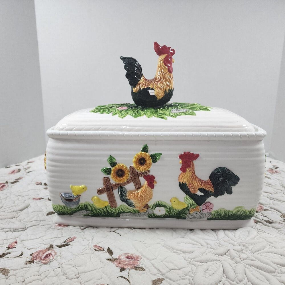 Vintage Ceramic Rooster Bread Box Sunflowers Farmhouse Rooster 3D Covered Lid
